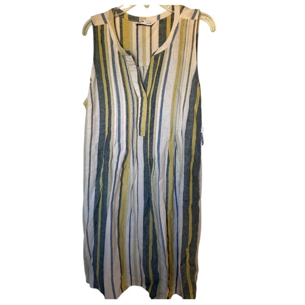 Sonoma Green and Yellow Pleated Sundress V-Neck Midi